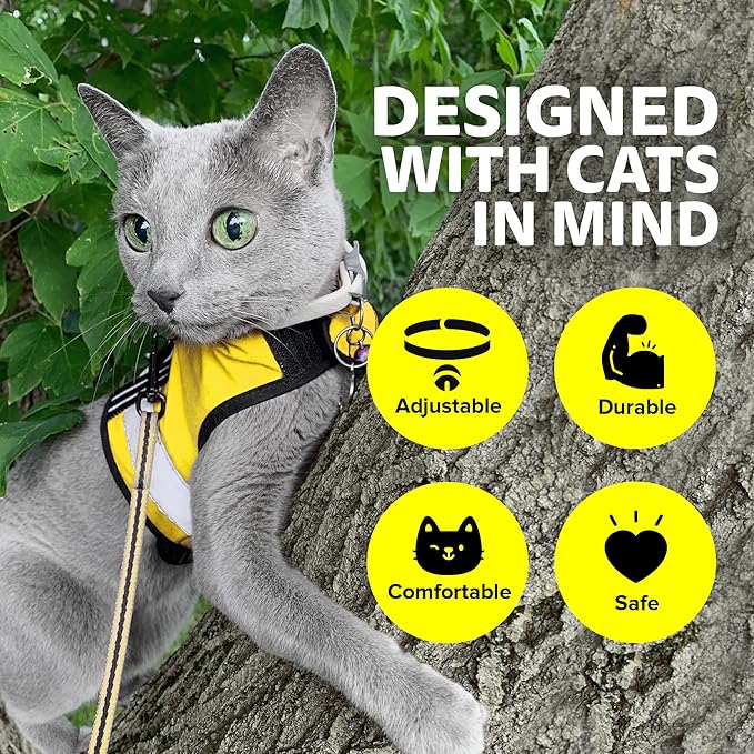 Reflective Cat Harness - High-Visibility Cat Vest for Day & Night | Secure, Breathable and Washable Cotton | Ideal for Walking & Traveling - Sunshine Yellow, XS
