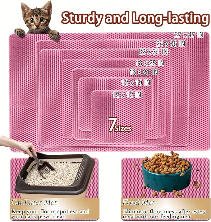 2025 𝗡𝗘𝗪 Waterproof Cat Litter Mat | Double Layer EVA, Odor-Free Large Grid | Urine Proof & Easy Cleanup | Soft on Paws | Versatile Design for Litter and Feeding (Pink, 22×31)