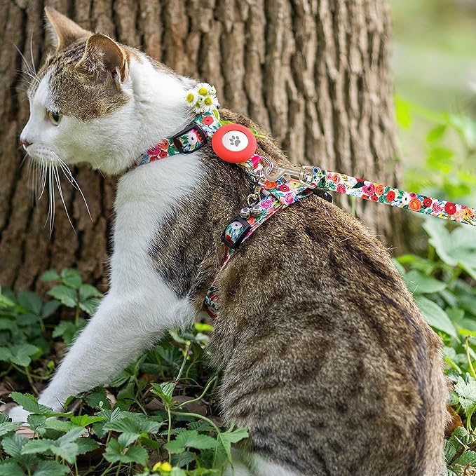 Cat Harness and Leash Escape Proof for Walking Travel Outdoor - Cute Floral Nylon Adjustable Cute Cat Harness Leash Set with Airtag Holder for Small Large Cats