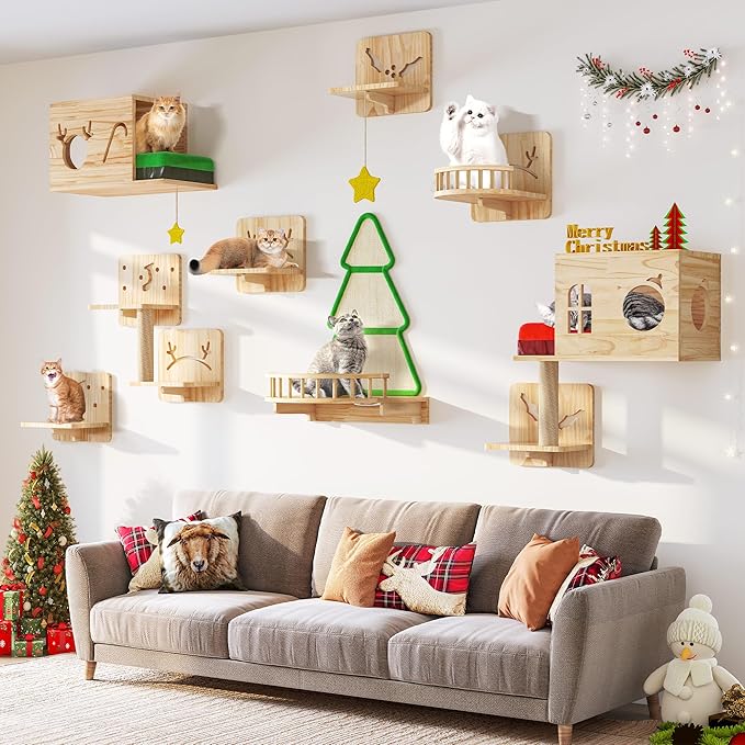 YITAHOME Christmas Solid Wood Cat Wall Shelves and Perches for Wall, Pine Wall Mounted Cat Tree 16 Piece Set, Cat Climbing Shelves with House, Mat, Christmas Tree Scratcher, Feeding Bowl for Cats