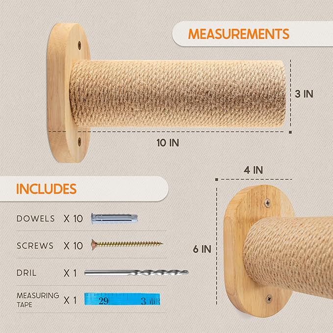 2-Pack Cat Wall Steps - Wooden Cat Shelves for Wall Mounting, Cat Wall Shelves and Perches for Kittens & Adult Cats - Cat Wall Furniture Set with Jute Rope for Scratching, Kneading, Climbing.