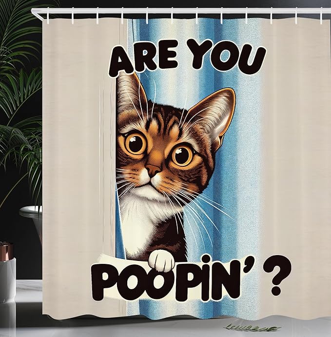 Ambesonne Cat Shower Curtain, Vintage Curious Brown Kitten with are You Poopin' Writing Joke Humor Themed, Cloth Fabric Bathroom Decor Set with Hooks, 69" W x 75" L, Blue Coconut Chocolate