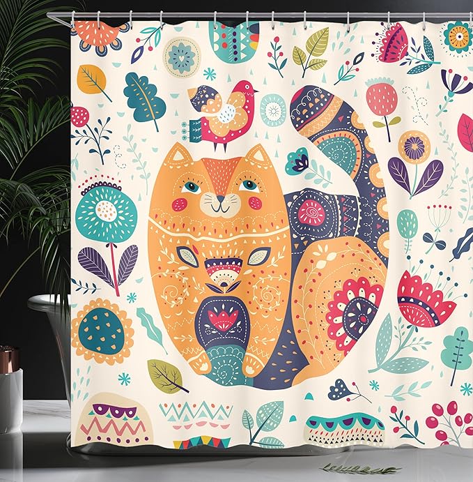 Ambesonne Paisley Shower Curtain, Little Smiling Cheek Animal Cat Various Oriental Leaf Flower Art, Cloth Fabric Bathroom Decor Set with Hooks, 69" W x 70" L, Eggshell Multicolor