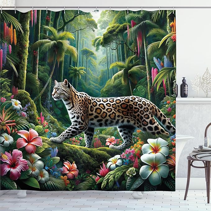 Ambesonne Cat Shower Curtain, Wild Leopard in a Colorful Floral Jungle Rainforest Palm Tees Exotic Concept, Cloth Fabric Bathroom Decor Set with Hooks, 69" W x 70" L, Green and Multicolor