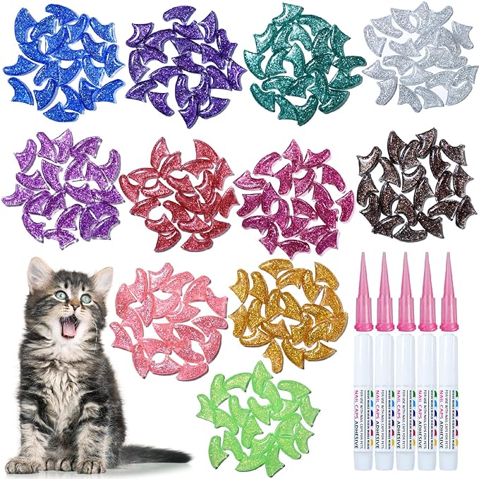 100 pcs Cat Nail Caps | Cat Claw Covers with Adhesives and Applicators | 5X Different Glitter Colors (L)