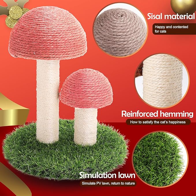 PowerKing Mushroom Cat Scratching Post, 15 x12 Inches Claw Scratching Post for Kitty, Natural Sisal Cat Scratchers Pole, Cat Interactive Toys, Cat Tree Tower (Pink)