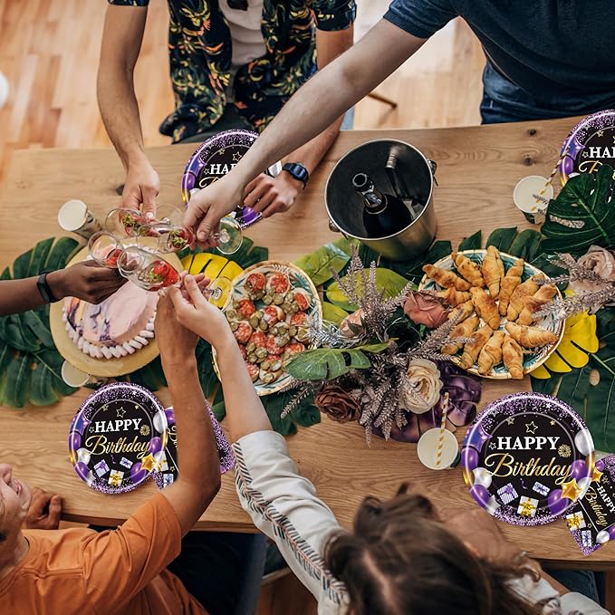 96 Pcs Purple Party Plates and Napkins Decorations Tableware Set Supplies Disposable Paper Dessert Birthday Table Dinnerware Favors Set, Serves 24 Guests