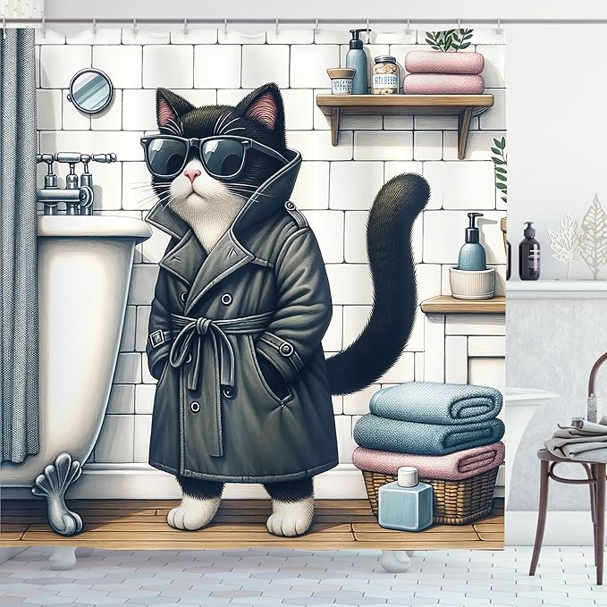 Ambesonne Cat Shower Curtain, Mysterious Detective Kitty Character in Bathroom with Sunglasses Classic Coat, Cloth Fabric Bathroom Decor Set with Hooks, 69" W x 70" L, Charcoal Grey White