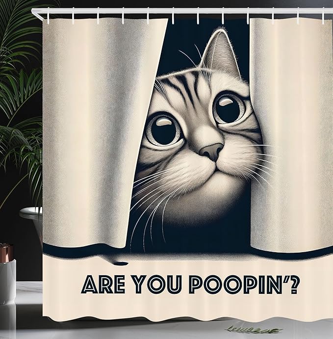 Ambesonne Cat Shower Curtain, are You Poopin' Curious Kitty Retro Effect Funny Whimsical Humorous Joke Concept, Cloth Fabric Bathroom Decor Set with Hooks, 69" W x 75" L, Dark Blue Ivory