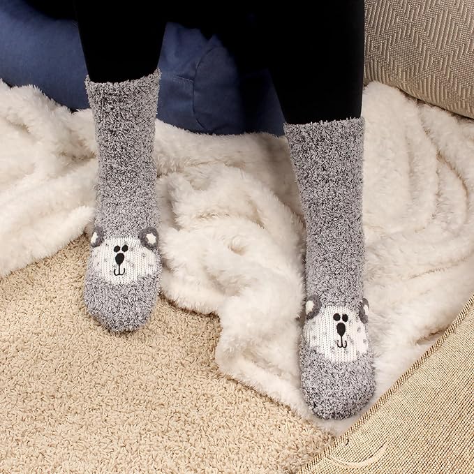 BambooMN Super Soft Warm Cute Furry Animal Non-Slip Fuzzy Cozy Fluffly Crew Winter Home Socks, Value Pack