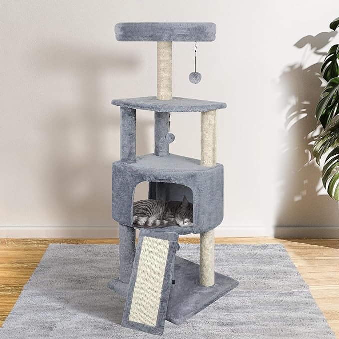 45in Cat Tree Tower with Big Cat Condo for Indoor Cats,Cat Tower Activity Center Cat Furniture with Scratching Post and Hanging Bed,Grey