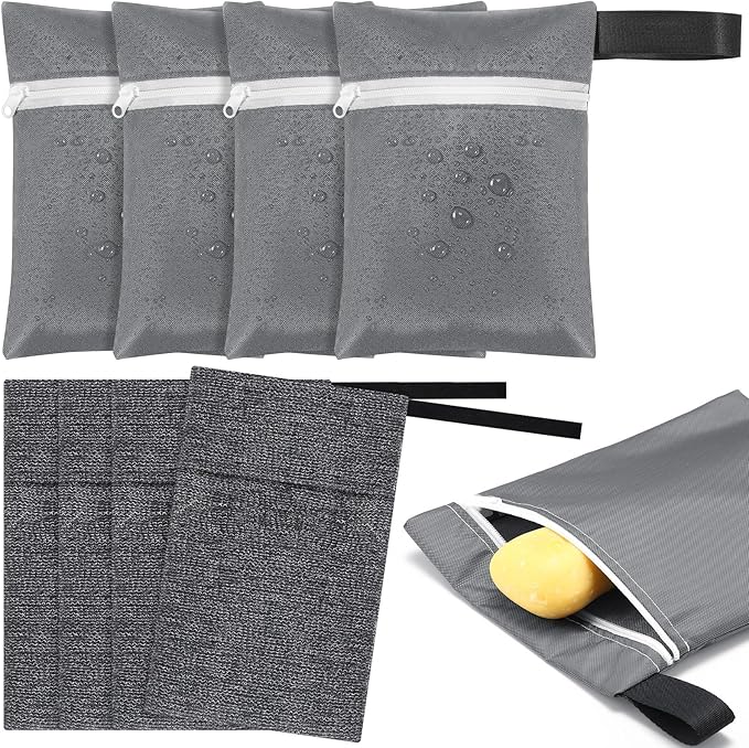 4 Pcs Travel Soap Bar Bag Waterproof & Leakproof Soap Dish Case with 4 Pcs Foaming Nets Multifunctional Toiletry Shower Gym Essentials Quick Dry Pouch for Camping Enthusiasts(Gray)