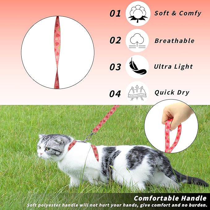 Cat Harness and Leash Set, Adjustable Kitten Harness Escape Proof Cats Harness, Soft Lightweight Walking Travel Pet Harness, Cute Kitty Harness Leash Set for Small Medium Cats, Pink Strawberry