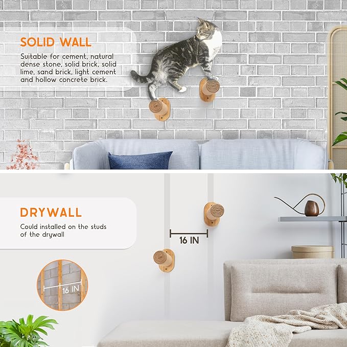 2-Pack Cat Wall Steps - Wooden Cat Shelves for Wall Mounting, Cat Wall Shelves and Perches for Kittens & Adult Cats - Cat Wall Furniture Set with Jute Rope for Scratching, Kneading, Climbing.