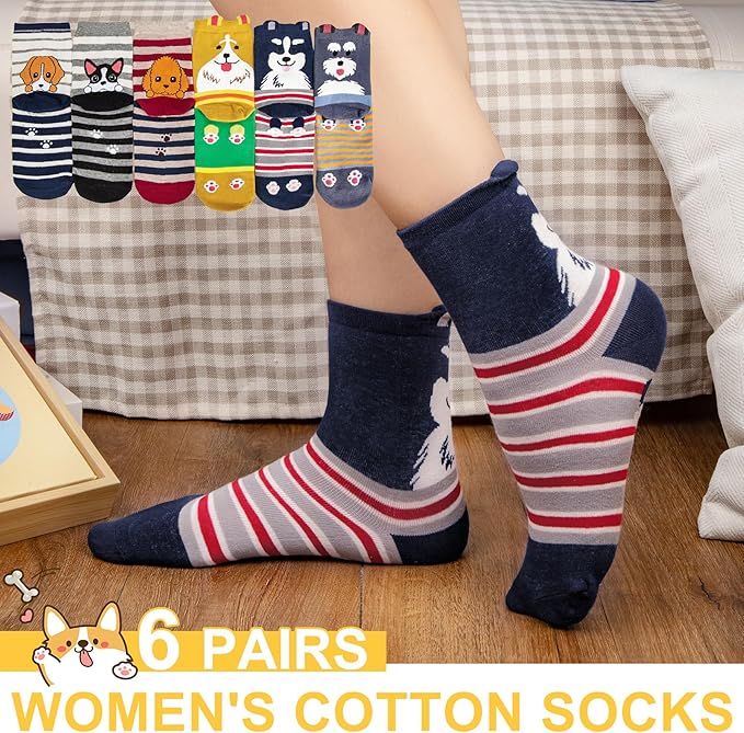 6 Pairs Women's Cute Cat Socks, Funny Novelty Animal Print Crew Cotton Socks Christmas Gifts for Women Girls