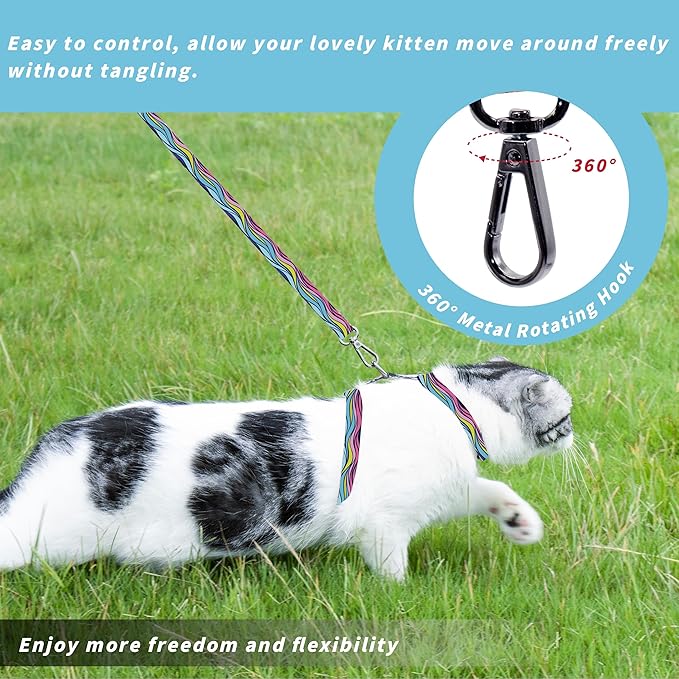 Cat Harness and Leash Set, Adjustable Kitten Harness Escape Proof Cats Harness, Soft Lightweight Walking Travel Pet Harness, Cute Kitty Harness Leash Set for Small Medium Cats, Colourful Waves