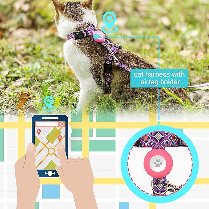 Cat Harness and Leash Escape Proof for Walking Travel Outdoor - Soft Nylon Adjustable Cute Cat Harness Leash Set with Airtag Holder for Small Medium Large Cats