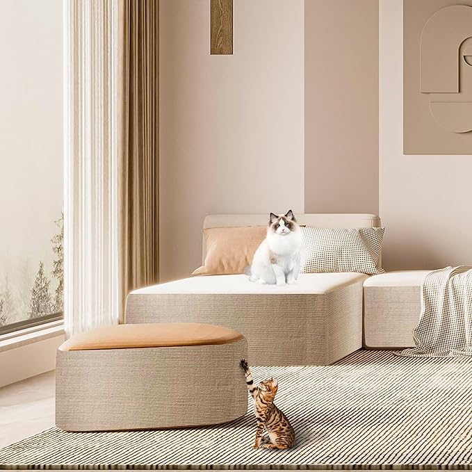 Trimmable Cat Scratching Post Carpet 78.7"x15.8" Self-Adhesive Cat Scratching Mat Cat Carpet Replacement for Cat Tree Wall Shelves Couch Furniture Protector (Khaki)