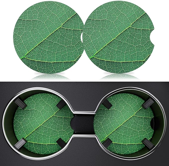 2 Pack Car Cup Holder Coaster, 2.63 inch Anti Slip Insert Absorbent Ceramic Car Coaster with Cork Base and Finger Notch, Cute Car Accessories Interior for Women, Cute Car Coasters., CH0025