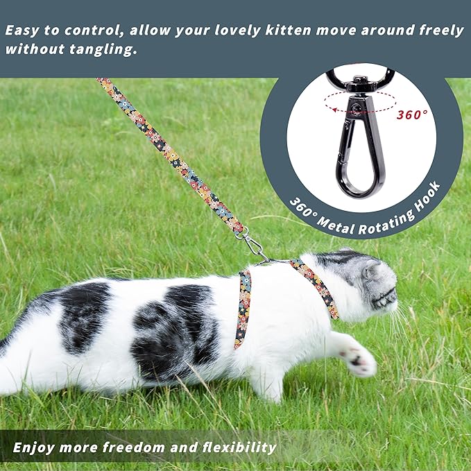 Cat Harness and Leash Set, Adjustable Kitten Harness Escape Proof Cats Harness, Soft Lightweight Walking Travel Pet Harness, Cute Kitty Harness Leash Set for Small Medium Cats, Multi-Floral