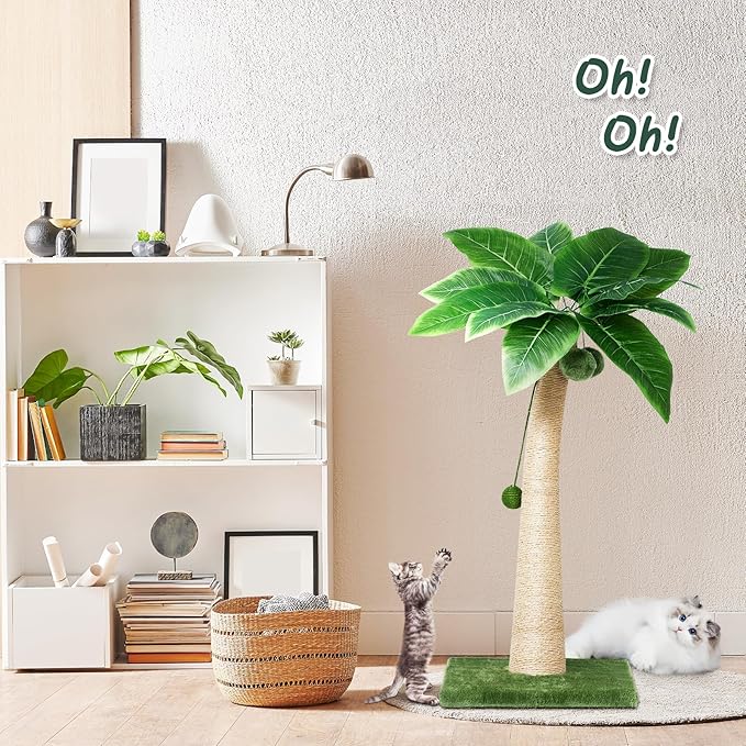 37 Inches Cat Scratching Post, Large Cat Scratching Post, Sisal Scratcher with 3 Hanging Pompoms for Indoor Cats (Short Square Base)