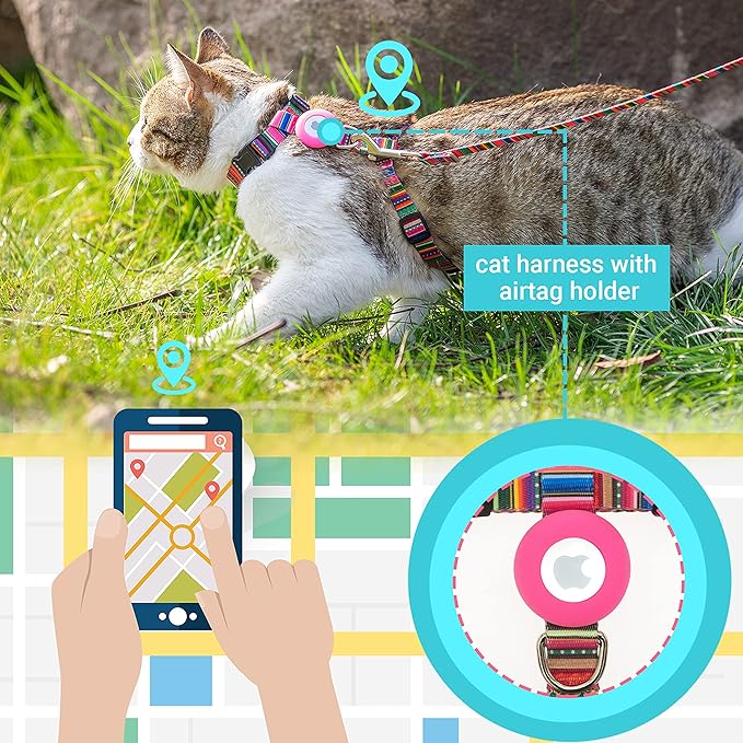 Cat Harness and Leash Escape Proof for Walking Travel Outdoor - Soft Nylon Adjustable Cute Cat Harness Leash Set with Airtag Holder for Small Medium Large Cats