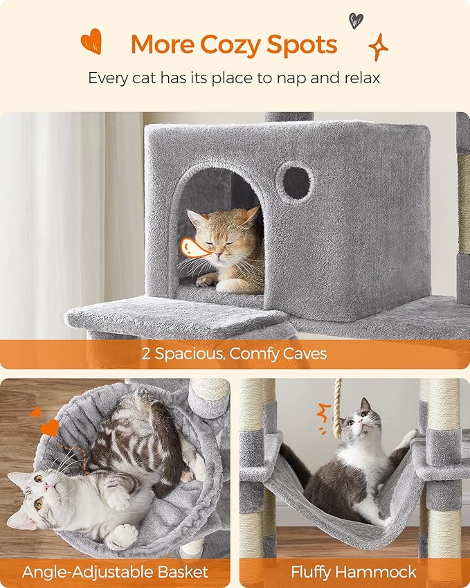 Feandrea Cat Tree, 81.1-Inch Large Cat Tower with 13 Scratching Posts, 2 Perches, 2 Caves, Basket, Hammock, Pompoms, Multi-Level Plush Cat Condo for Indoor Cats, Light Gray UPCT190W01