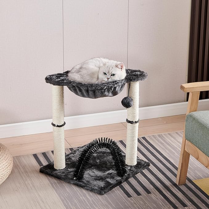 POLIPETS 19” Tall Cat Tower with Hammock,Sisal Scratching Posts and Pets Self Groomer Massager, Soft Hanging Basket Perch Hammock,Indoors Cat Furniture 16x15”, Beige