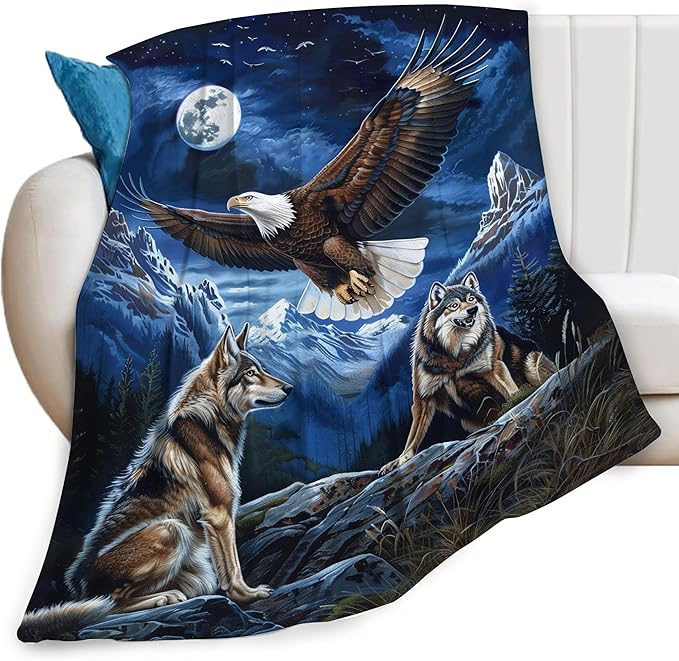 Bald Eagle Wolf Throw Blanket Wild Animal Mountain Moon Night Wolves Print Blankets Gifts Couch Sofa Bed Stuff Decor Soft Cozy Lightweight Fleece Plush Flannel Bedding for Lover Men Women 50"x60"