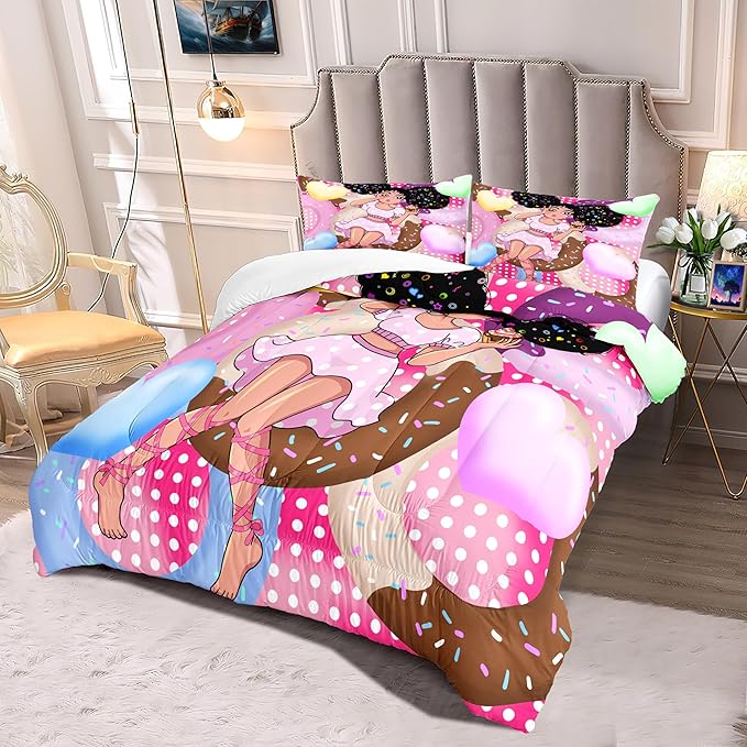 African American Girl Comforter Set Black Girl Comforter Set Princess Bedding w/ Donut Girl Prints Kids Comforter Sets Gifts Girls Bedroom Decor Pink Full Size Quilt Sets w/ 2 Pillowcases