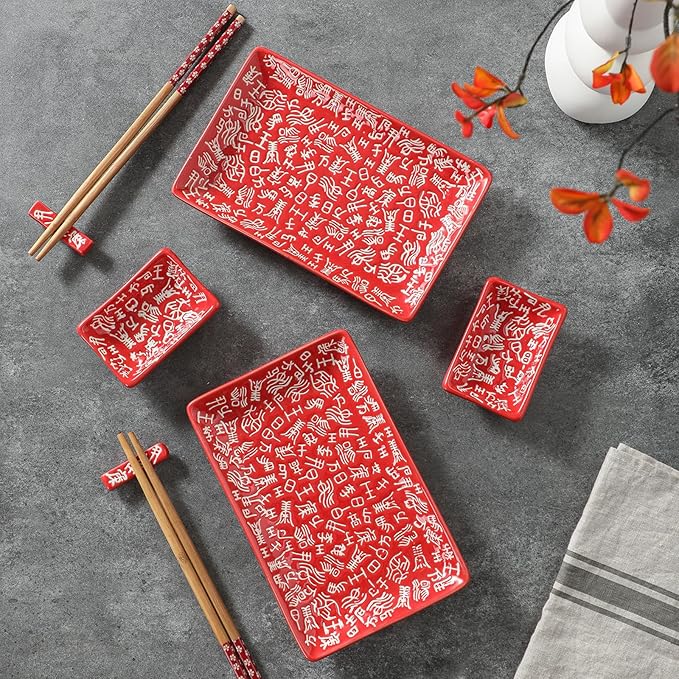 8 pcs Japanese Sushi Plate Sets Serving Platters and Trays for Entertaining Sushi Dishes Set Plates Sushi Plates Traditional Cuisine Dinnerware Sets with Chopsticks Hundred Family Names