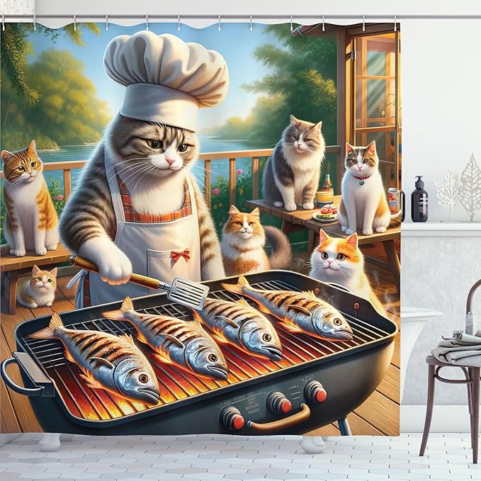 Ambesonne Cat Shower Curtain, Funny BBQ Themed Chef Kitty Grilling Fish for Pals Whimsical Backyard Barbecue Scene, Cloth Fabric Bathroom Decor Set with Hooks, 69" W x 70" L, Green Orange