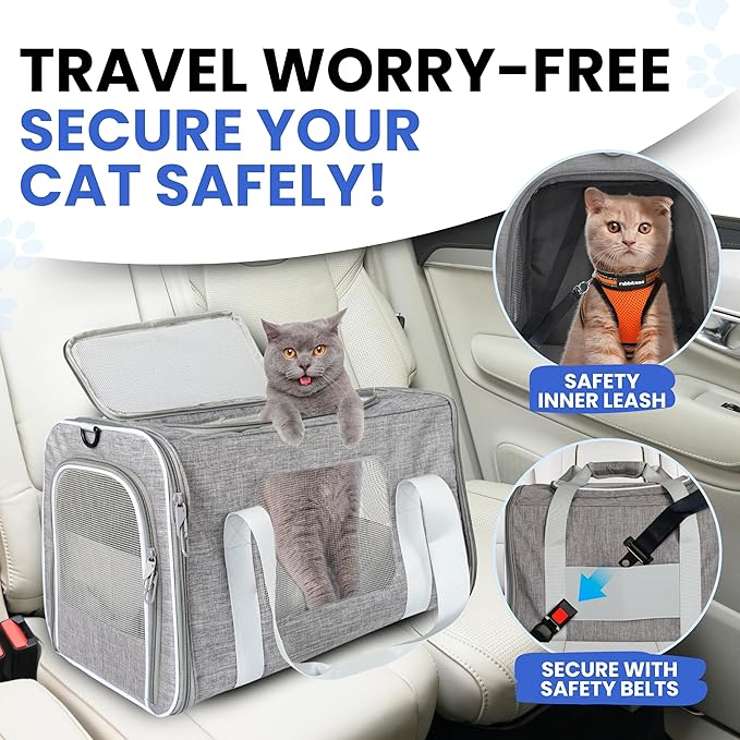 Airline-Approved Cat Carrier with Litter Box, 17x11x12” Soft Travel Litterbox up to 18 lbs Cats, Large Portable Carrier for Long Car Trips, Comes with Litter Scoop, Water Bowl, Pet ID & Cat Toy