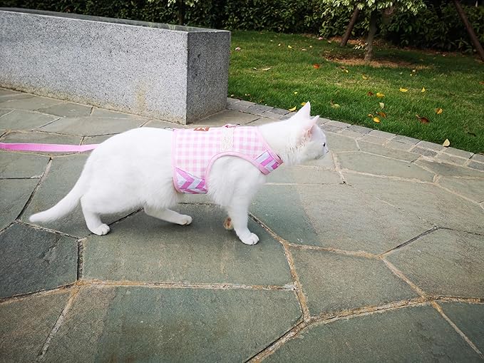 Cat Harness and Leash for Walking Escape Proof, Adjustable Cat Vest Harness, Padded Stylish Cat Walking Jackets, Pink Plaid, Medium