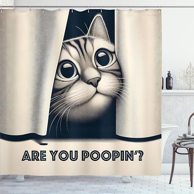Ambesonne Cat Shower Curtain, are You Poopin' Curious Kitty Retro Effect Funny Whimsical Humorous Joke Concept, Cloth Fabric Bathroom Decor Set with Hooks, 69" W x 75" L, Dark Blue Ivory