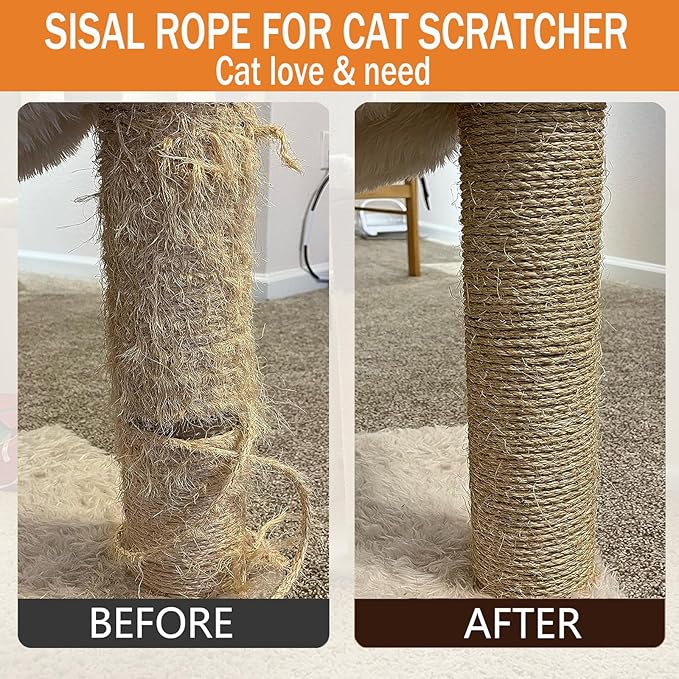 Sisal Rope for Cat Scratcher 1/4 inch by 33Ft Cat Tree Rope for Cat Scratching Post Tree Tower Replacement Repair and Replace, DIY Hemp Twine Rope