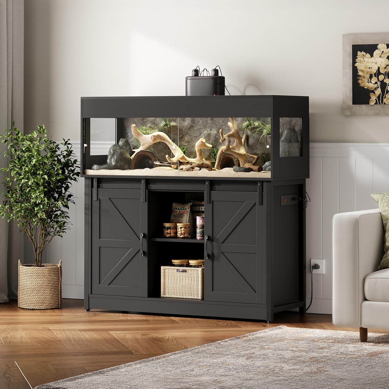 60 Gallon Reptile Terrarium with Stand, Terrarium Enclosure with Acrylic Doors, Storage Cabinet with Barn Door, Mesh Lid & Power Outlet – Vivarium Habitat for Medium Reptiles Black PX05RTB