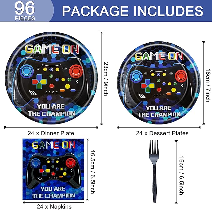 96 Pcs Video Game Birthday Party Plates Napkins Forks Supplies Tableware Set Disposable Table Boys Gaming Theme Decoration for Kids Birthday Party, Serves 24 Guests