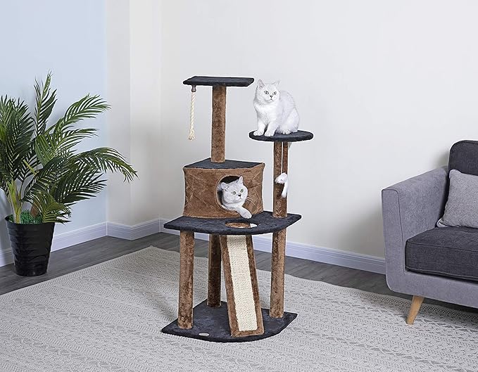 Go Pet Club Everyday Value 47in Corner Cat Tree Kitty Condo Kitten Scratcher Tower House Furniture with Hanging Toys for Indoor Cats, Brown/Black