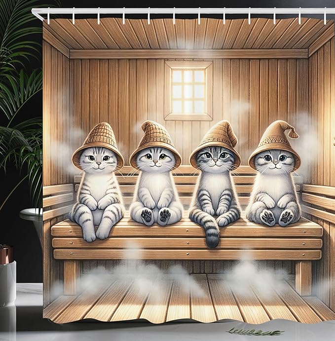 Ambesonne Cat Shower Curtain, Whimsical Scene with Happy Kittens with Funny Wizard Hats in Sauna, Cloth Fabric Bathroom Decor Set with Hooks, 69" W x 75" L, Pastel Brown and Pale Grey
