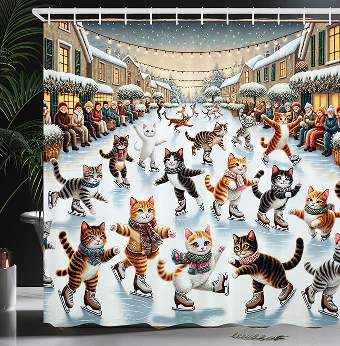 Ambesonne Cat Shower Curtain, Funny and Cheery Kitties Ice Skating Winter Happiness Funny Cartoon Xmas, Cloth Fabric Bathroom Decor Set with Hooks, 69" W x 70" L, Orange Brown Pale Blue