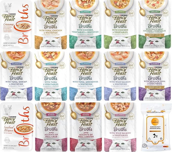 Aurora Pet Variety Pack (14 Flavor) FF Lickable Broth Topper Complement Wet Cat Food (1.4-oz Each) with AuroraPet Wipes