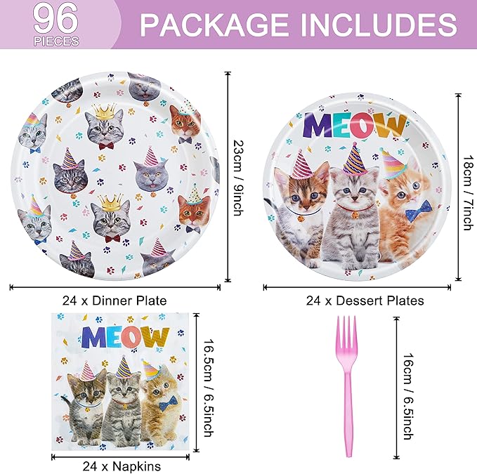 96 Pcs Cat Birthday Party Plates Napkins Forks Supplies Tableware Set Disposable Paper Cat Theme Decoration for Kids Birthday Party, Serves 24 Guests