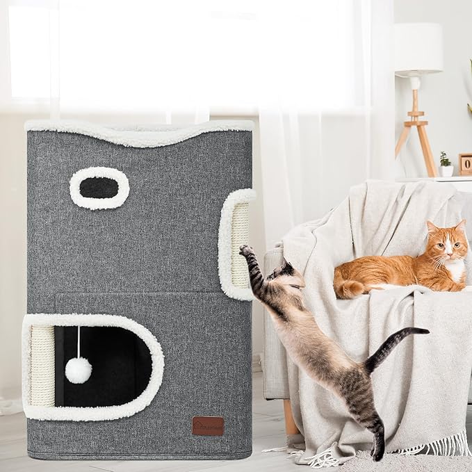 YIATHOME 2 Storey Cat House, Cat Beds for Indoor Cats, Small Cat Condo with Scratch Post and Hideaway Cave, Modern Cat Cube Playhouse for Multi Kittens, Classic Style, Grey