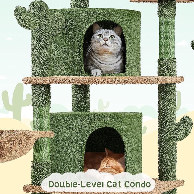 Yaheetech Cactus Cat Tree, 66in Cat Tower for Indoor Cats, Multi-Level Cat Tree with Large Condos & Ramp, Pet Play House with Padded Perch, Platforms, Basket & Hanging Ball, Green/Brown
