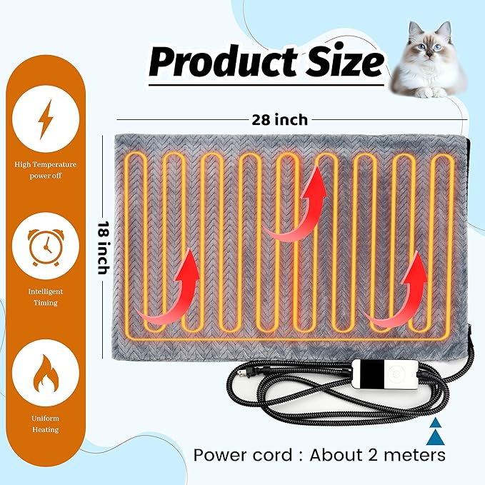 PatiencET Heated Cat Bed, 18'' x 28'' Temperature Adjustable Cat Dog Heating Pad with Timer Indoor, Pet Heating Pad for Cats Dogs, Cat Warming Pad Bed with Metals Chew Resistant Cord