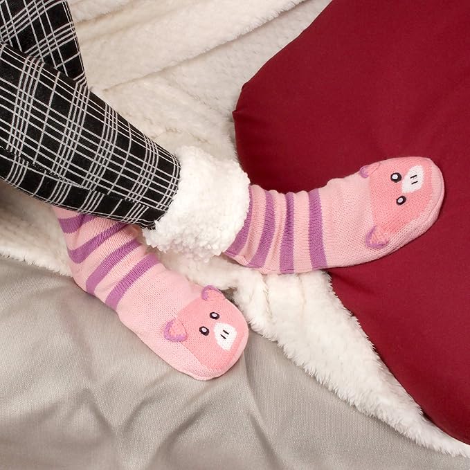 BambooMN Extra Thick Cozy Fuzzy Animal Thermal Cabin Plush Fleece-lined Knitted Crew Socks