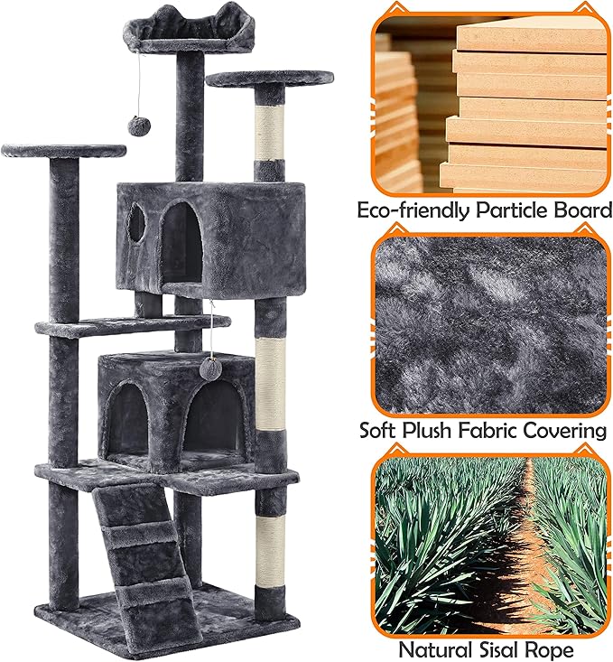 Yaheetech 62in Cat Tree Cat Tower for Indoor Cats, Cat Furniture w/Double Cat Condo, Scratching Posts, Multiple Platforms and Balls for Kittens & Cats, Dark Gray