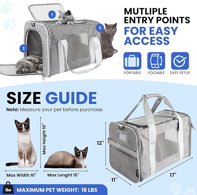 Airline-Approved Cat Carrier with Litter Box, 17x11x12” Soft Travel Litterbox up to 18 lbs Cats, Large Portable Carrier for Long Car Trips, Comes with Litter Scoop, Water Bowl, Pet ID & Cat Toy