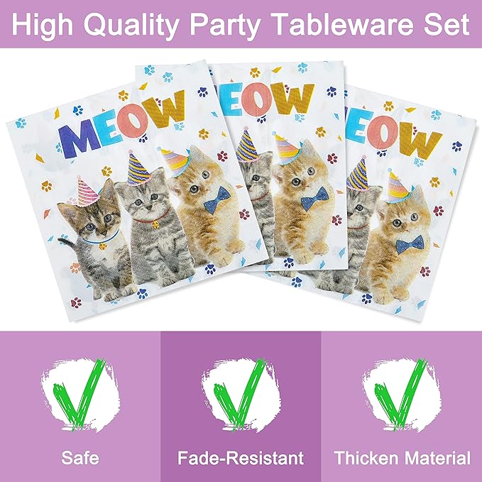 96 Pcs Cat Birthday Party Plates Napkins Forks Supplies Tableware Set Disposable Paper Cat Theme Decoration for Kids Birthday Party, Serves 24 Guests